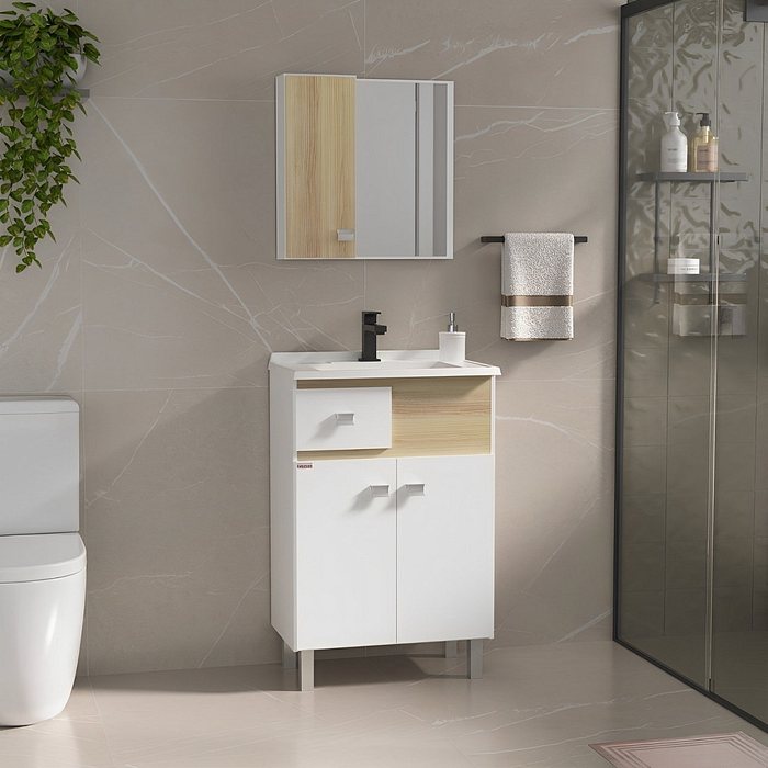 Kit Conjunto de Balcão Para Banheiro Pop 60cm Branco/Carvalho Fabribam