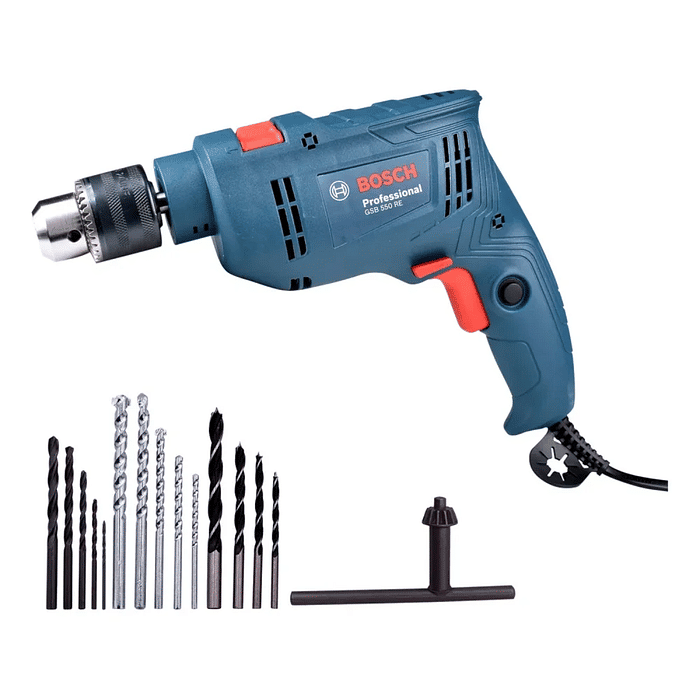 Furadeira Impacto Bosch GSB 550 RE Kit Com 14 Peças