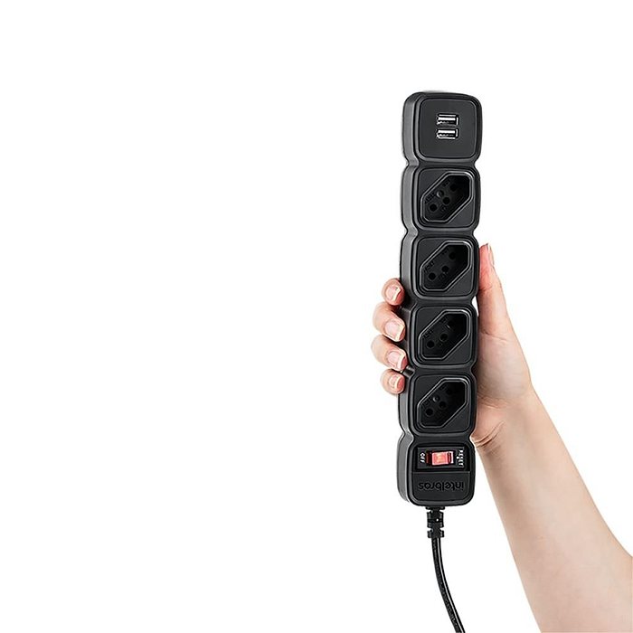 Protetor Eletronico Com 4 Tomadas e 2 Portas USB Preto