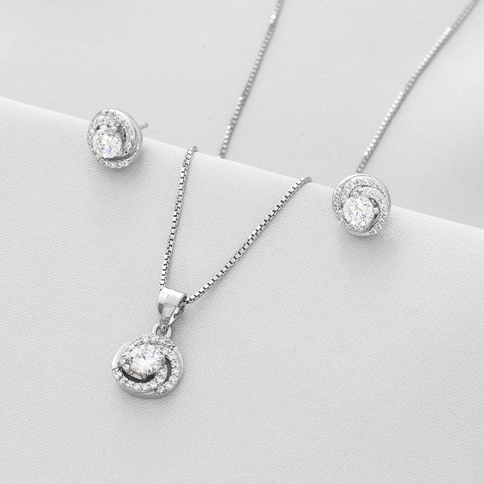 Gargantilha de Prata Top com Brincos e Pingente de Zircônia Cristal