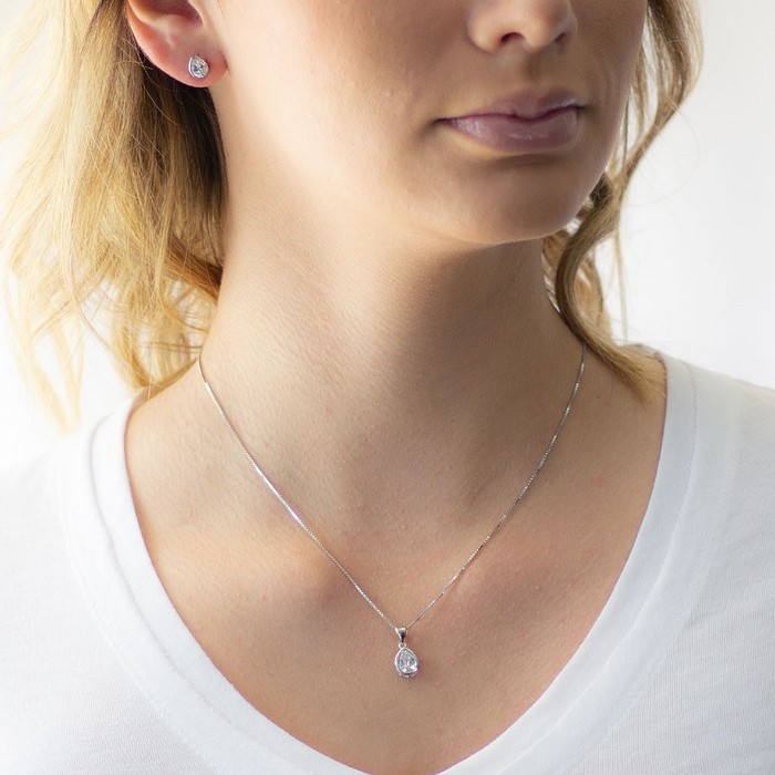 Gargantilha de Prata Top Gota com Brincos e Pingente de Zircônia Cristal