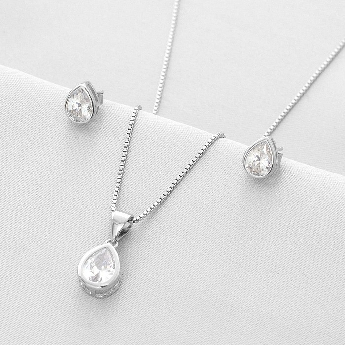 Gargantilha de Prata Top Gota com Brincos e Pingente de Zircônia Cristal