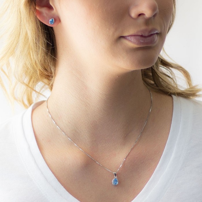 Gargantilha de Prata Top Gota com Brincos e Pingente de Zircônia Topázio