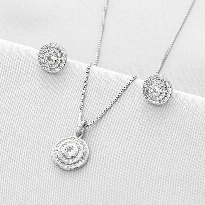 Gargantilha de Prata Top Redondo com Brincos e Pingente de Zircônia Cristal