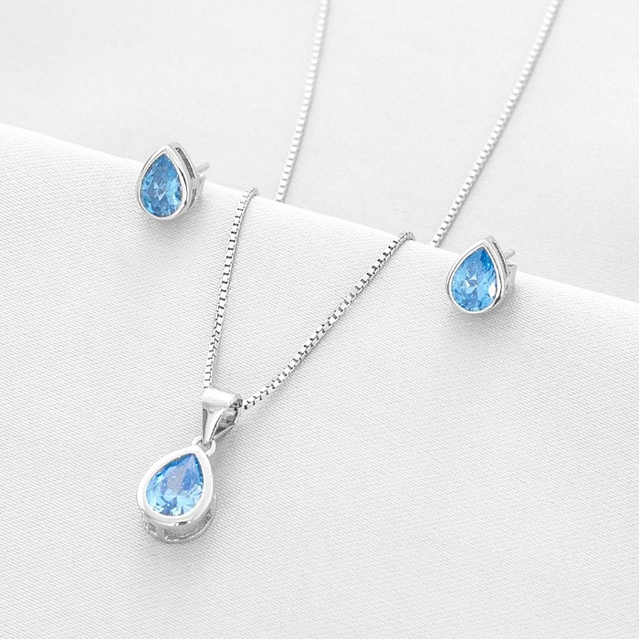 Gargantilha de Prata Top Gota com Brincos e Pingente de Zircônia Topázio