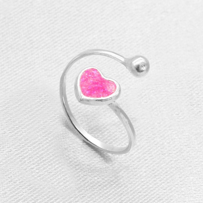 Anel de Prata Infantil Regulável com Coração Rosa