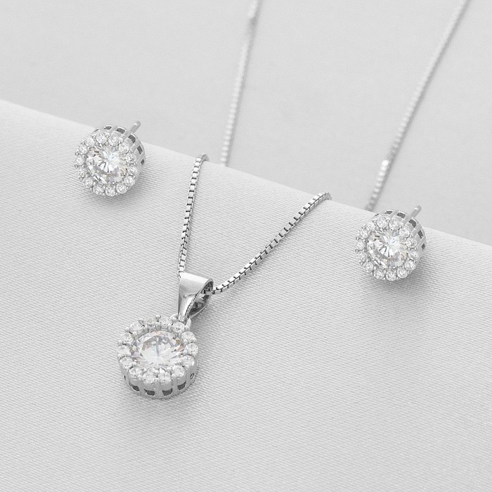 Gargantilha de Prata Top com Brincos e Pingente de Zircônia Cristal