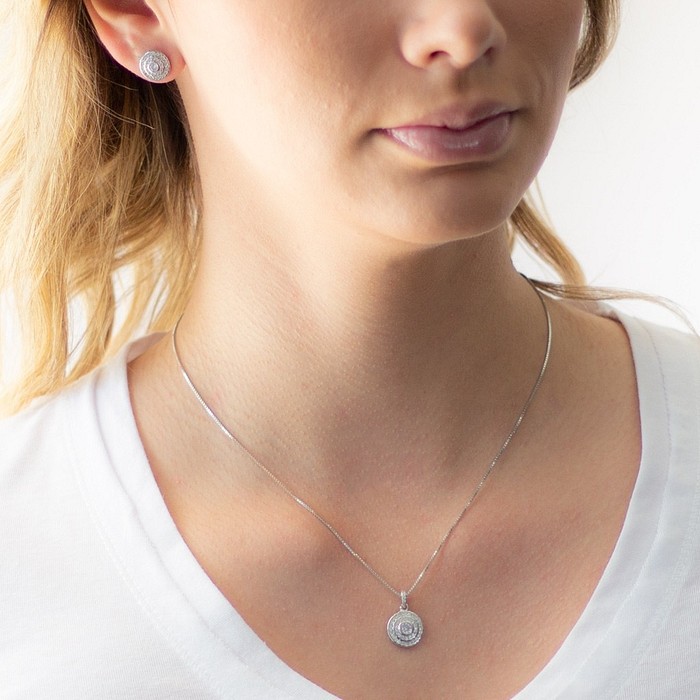 Gargantilha de Prata Top Redondo com Brincos e Pingente de Zircônia Cristal