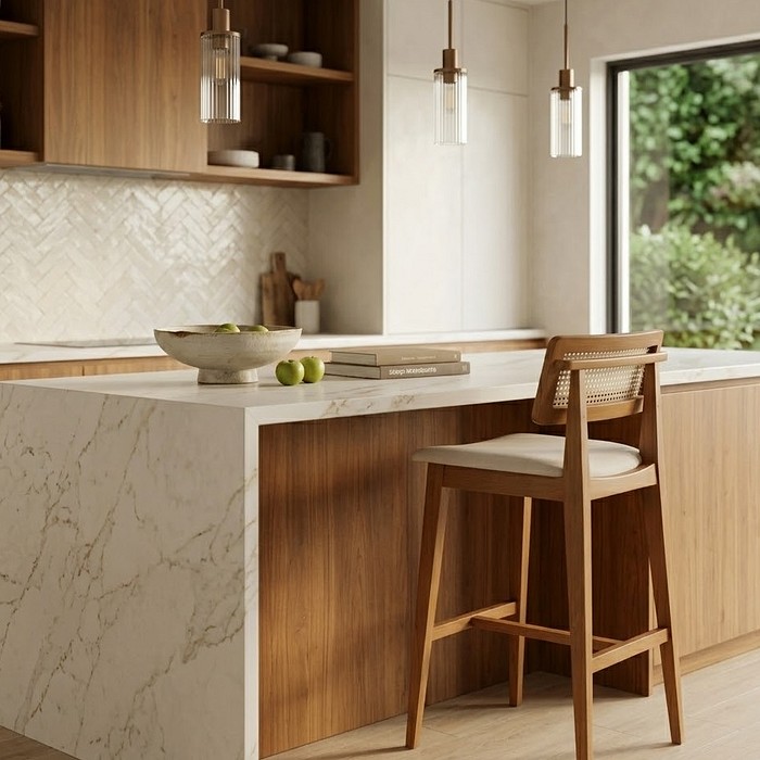 Banqueta Bellagio em Madeira Maciça com Encosto em Tela