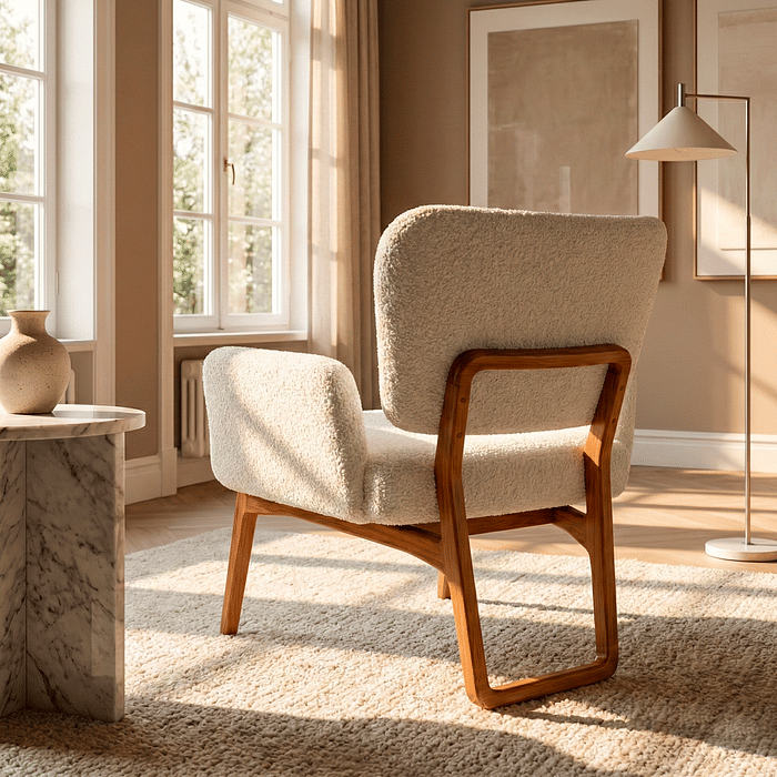 Poltrona de Madeira Maciça Estofado Bouclé Varenna Moderna