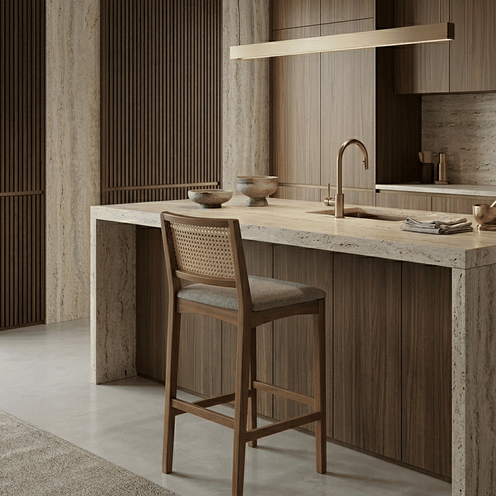 Banqueta Cremona em Madeira Maciça com Encosto em Tela