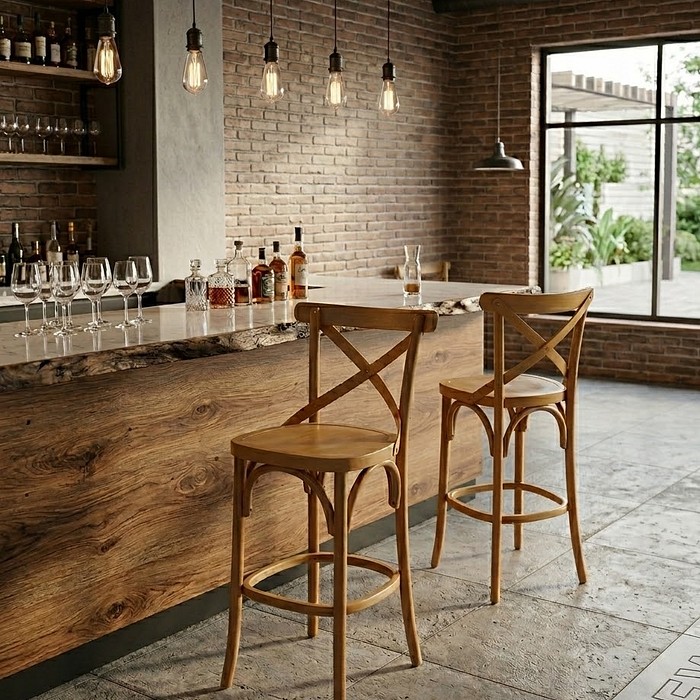 Banqueta Espanha X em Madeira Maciça com Encosto Cruzado