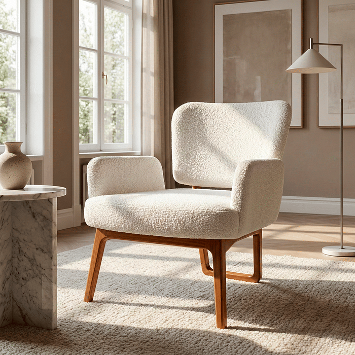 Poltrona de Madeira Maciça Estofado Bouclé Varenna Moderna