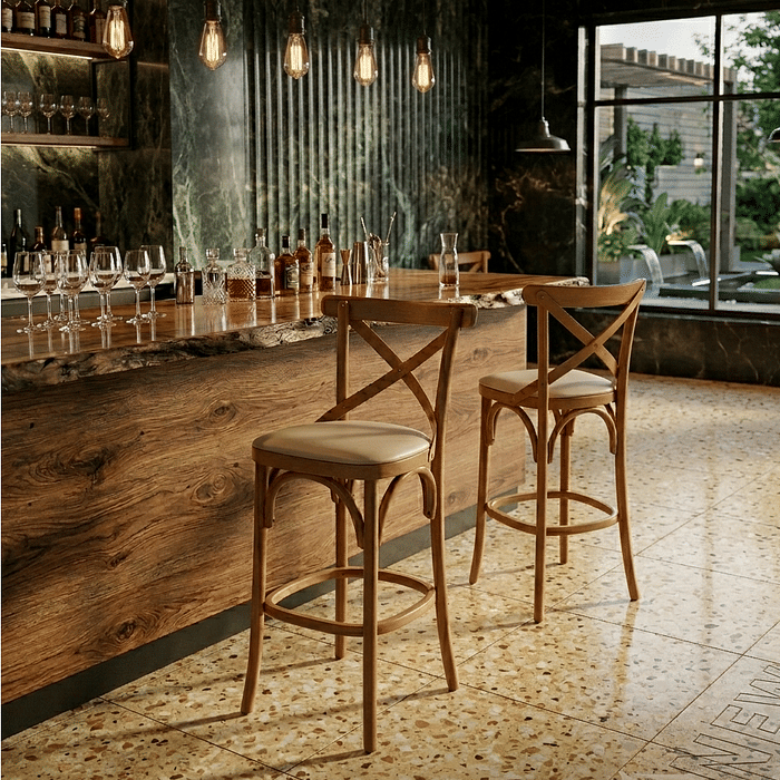 Banqueta Espanha X Imbuia em Madeira Maciça Estofada