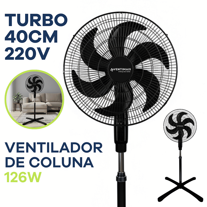 Ventilador de coluna Ventimais 40 cm Turbo 126W, potente e ideal para refrescar ambientes amplos