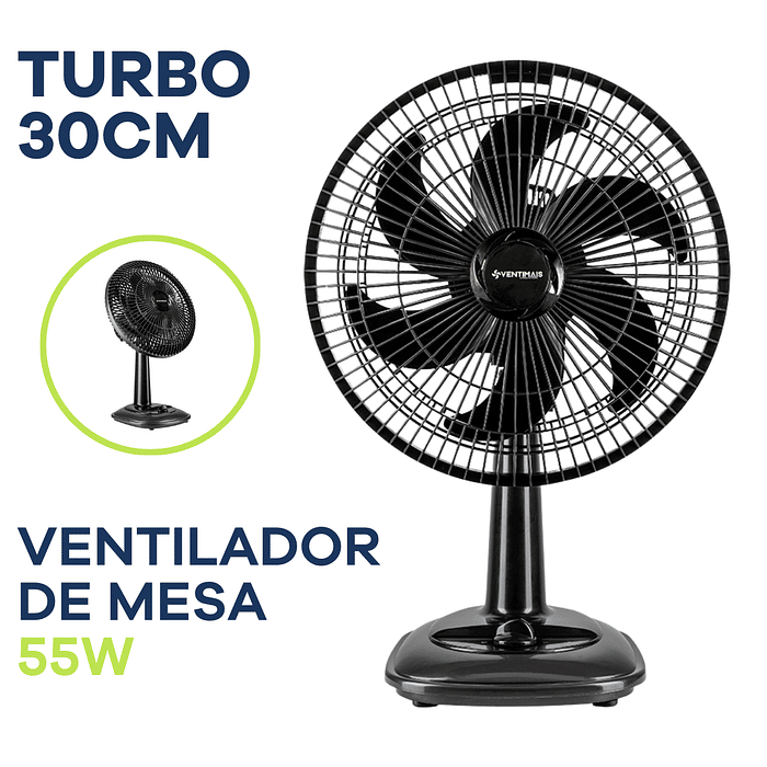 Ventilador de Mesa 30cm Turbo 55W Ventimais Preto com oscilação e alta ventilação