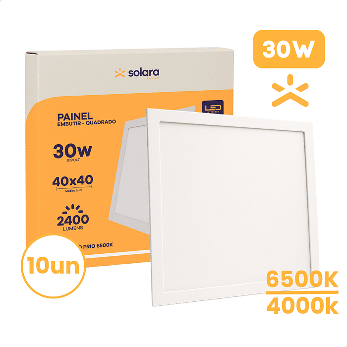 Combo 10 Painéis Plafon LED 30W Quadrado Embutir 40x40 Solara
