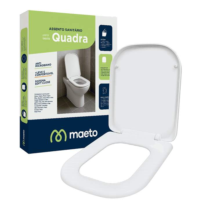 Assento quadrado soft close Maeto com tampa de fechamento silencioso e encaixe universal