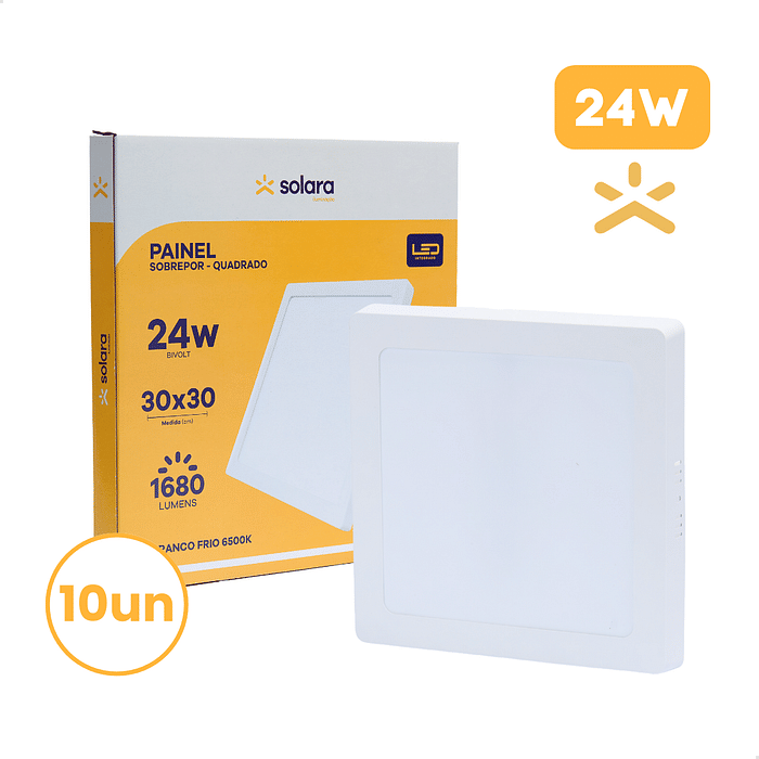 Combo 10 Painéis LED Sobrepor Quadrado 24W Solara