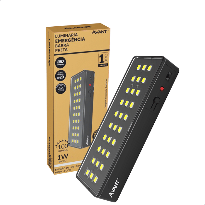 Luminária Emergência LED Barra 1W 30 Leds Preta - Avant