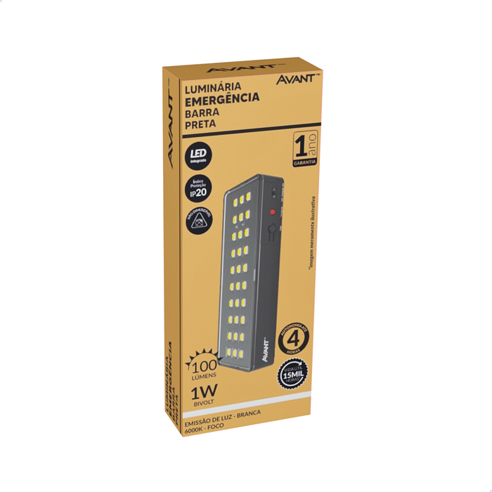 Luminária Emergência LED Barra 1W 30 Leds Preta - Avant
