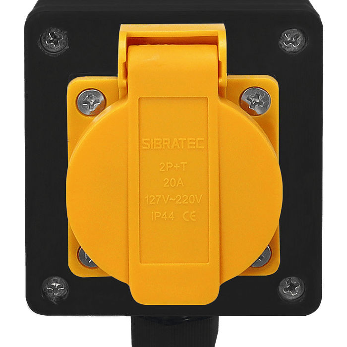 Tomada Amarela c/ Tampa e Caixa Preta 2p+t 10A e 20a Padrão Brasileiro Trilho Din