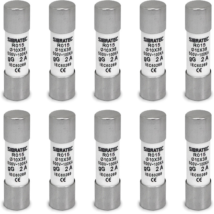 Kit 10 Fusível Tipo Cartucho Retardado gG de 2A | 10x38mm RO15 | 100kA 500V