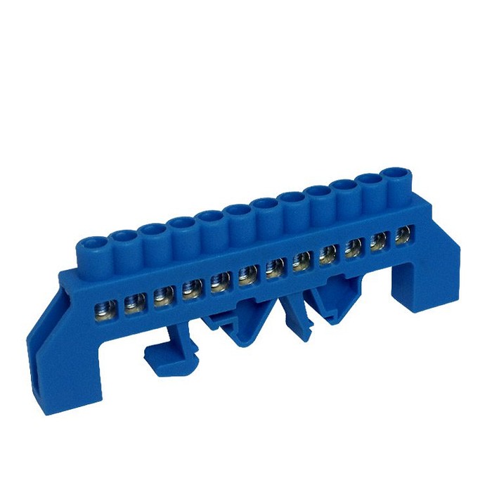 Barramento de Neutro Azul 12 Vias 80A com Proteção para Trilho DIN ou Parafuso - HC-008