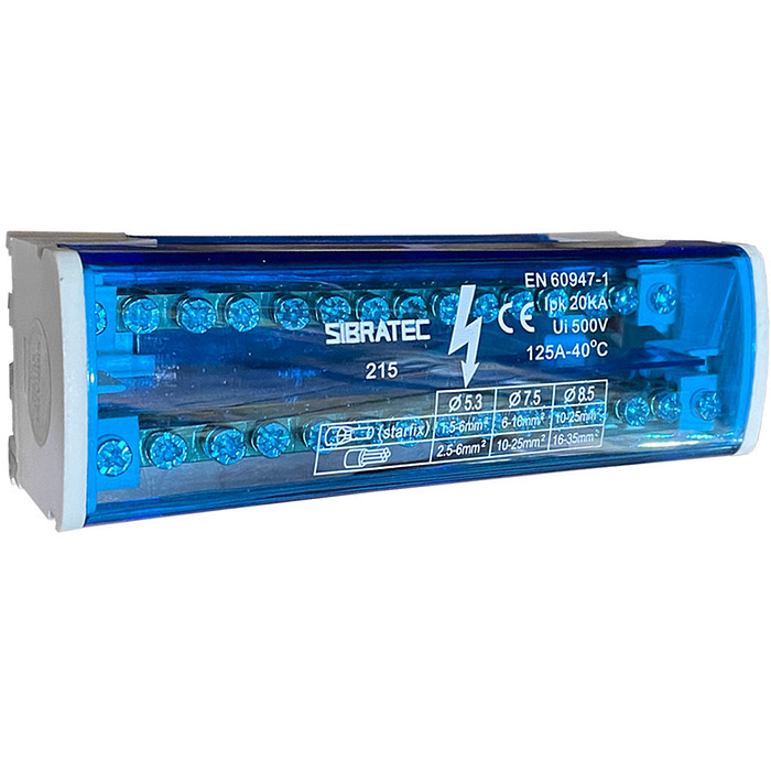 Bloco de Distribuição Bipolar 2 Barramentos X 15 Vias até 125A Modular Trilho DIN - S112-02