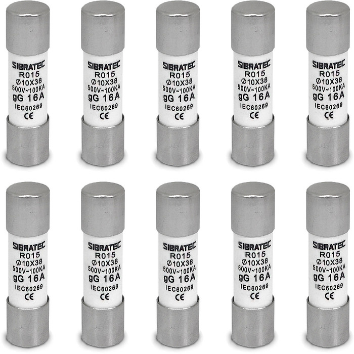 Kit 10 Fusível Tipo Cartucho Retardado gG de 16A | 10x38mm RO15 | 100kA 500V