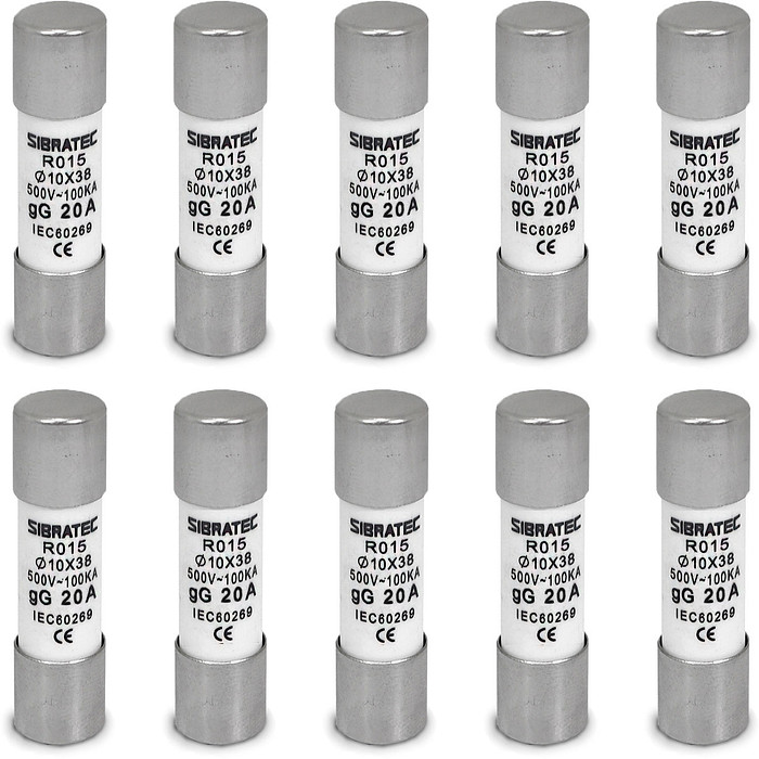 Kit 10 Fusível Tipo Cartucho Retardado gG de 20A | 10x38mm RO15 | 100kA 500V