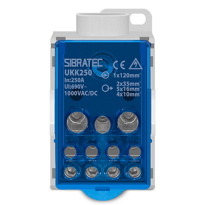 Bloco de Distribuição Monopolar 250A 1 Entrada 11 Saídas Modular Trilho DIN - UKK-250