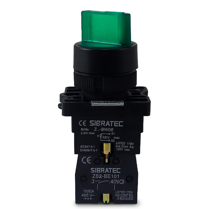 Chave Seletora Iluminada Verde 220V com 3 Posições 2NA Plástica 22mm - XB2-EK3365