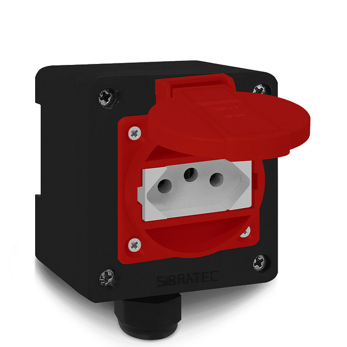 Tomada Vermelha c/ Tampa e Caixa Preta 2p+t 10A e 20a Padrão Brasileiro Trilho Din