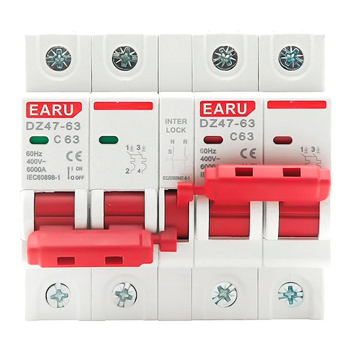 Chave Transferência 2+2 Polos 63A Trilho DIN Disjuntor Intertravado Rede Gerador - DZ-47