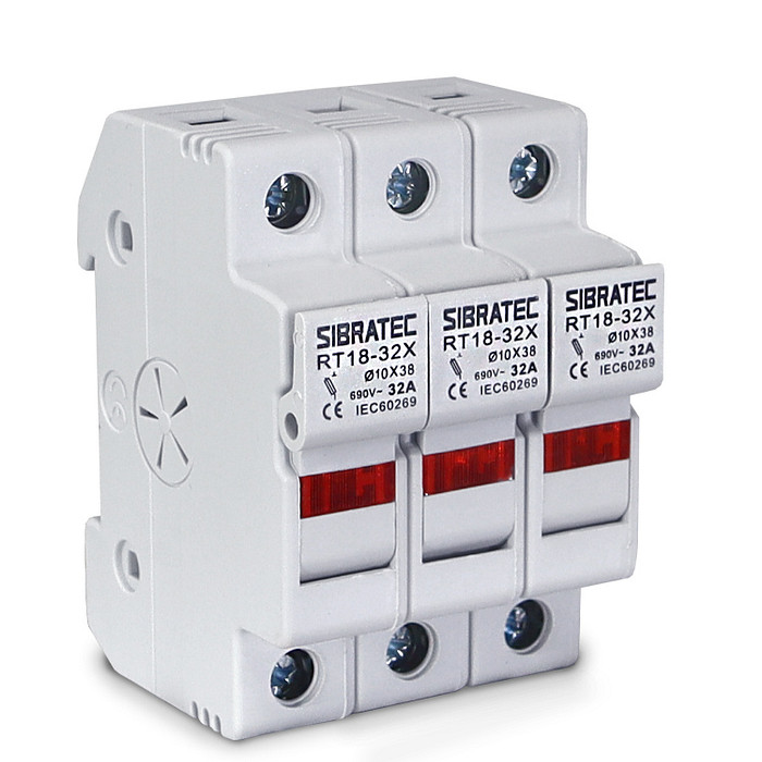 Porta Fusível Cartucho 3 Polos até 32A RO15 10x38mm 690V com LED Indicador - RT18-32