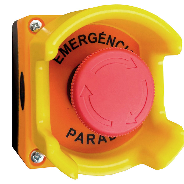 Botoeira Emergência Botão 1NF com Proteção Guarda Alta e Caixa Amarela Sobrepor