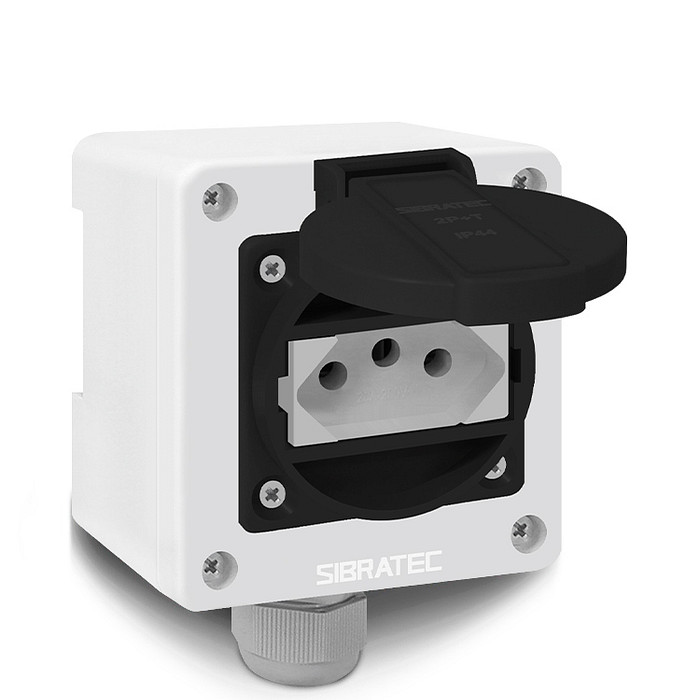 Tomada Preta c/ Tampa e Caixa Branca 2p+t 10A e 20a Padrão Brasileiro Trilho Din