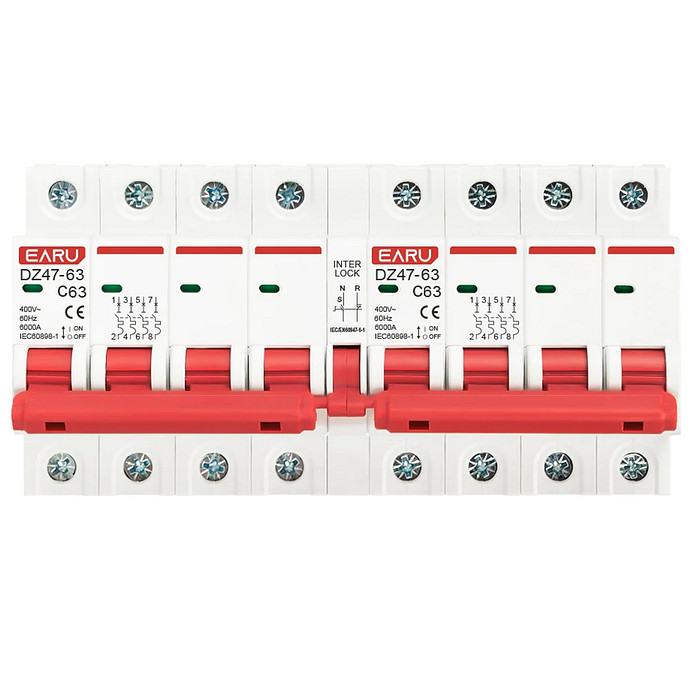Chave Transferência 4+4 Polos 63A Trilho DIN Disjuntor Intertravado Rede Gerador - DZ-47