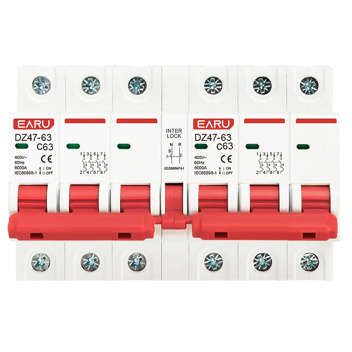 Chave Transferência 3+3 Polos 63A Trilho DIN Disjuntor Intertravado Rede Gerador - DZ-47