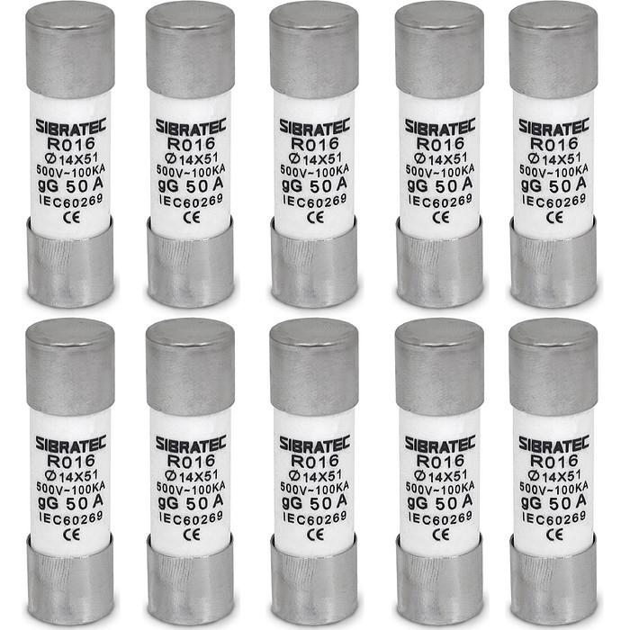 Kit 10 Fusível Tipo Cartucho Retardado gG de 50A | 14x51mm RO16 | 100kA 500V