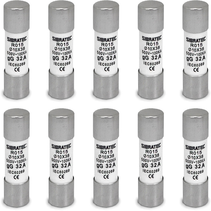 Kit 10 Fusível Tipo Cartucho Retardado gG de 32A | 10x38mm RO15 | 100kA 500V