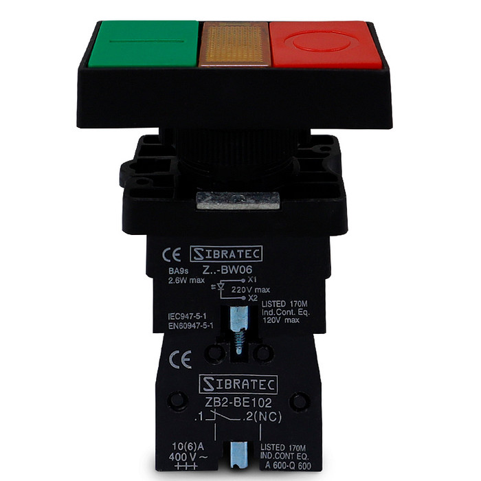 Botão Duplo Liga Desliga Iluminado 220V 1NA+1NF 22mm Retangular - XB2-EW8375