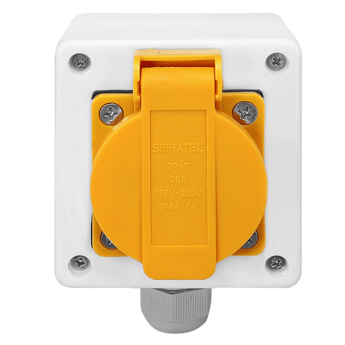 Tomada Amarela c/ Tampa e Caixa Branca 2p+t 10A e 20a Padrão Brasileiro Trilho Din