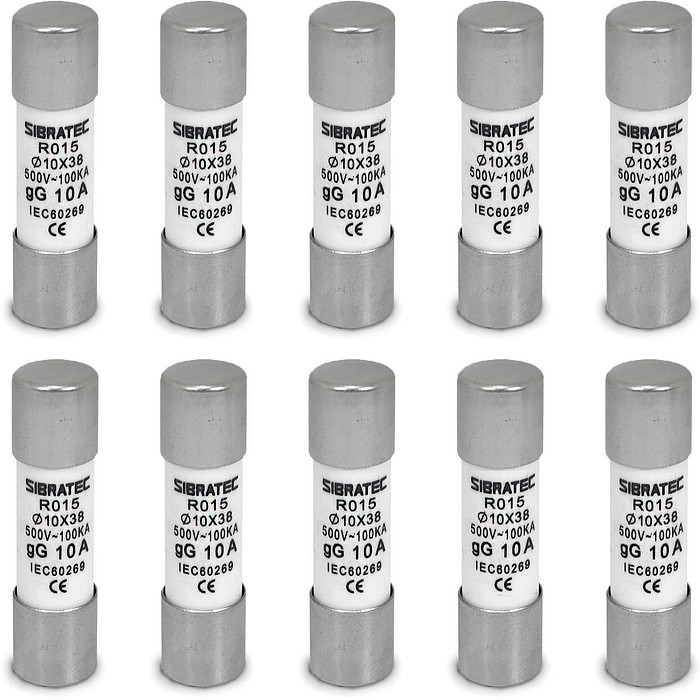 Kit 10 Fusível Tipo Cartucho Retardado gG de 10A | 10x38mm RO15 | 100kA 500V