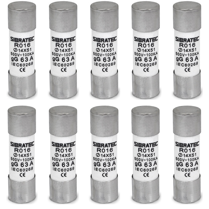 Kit 10 Fusível Tipo Cartucho Retardado gG de 63A | 14x51mm RO16 | 100kA 500V