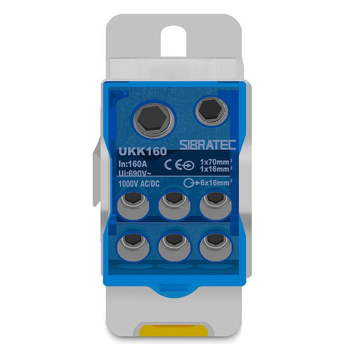 Bloco de Distribuição Monopolar 160A 2 Entradas 6 Saídas Modular Trilho DIN - UKK-160