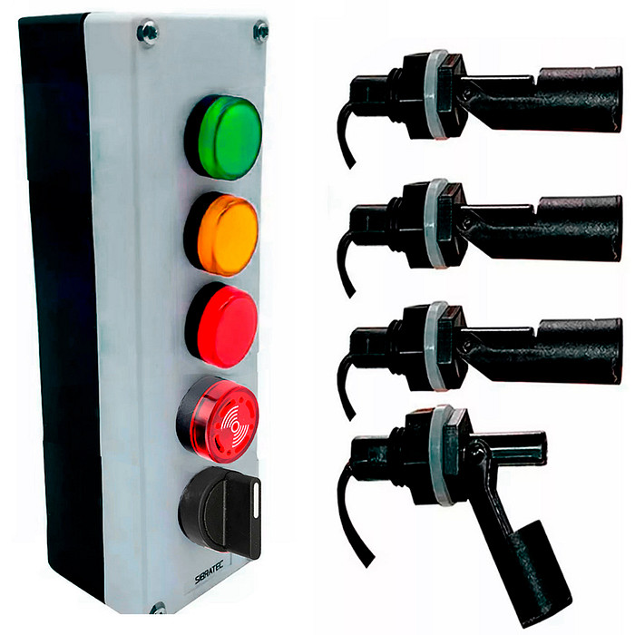 Kit Monitor de Nível Alarme 4 Estágios + 4 Micro Boias + Chave Liga Desliga