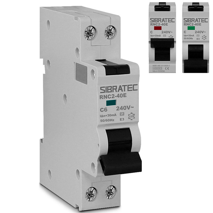 DDR Disjuntor Diferencial Residual 2 Polos 6a 30mA (Mini Disjuntor DIN + DR) - RNC2-40E-6