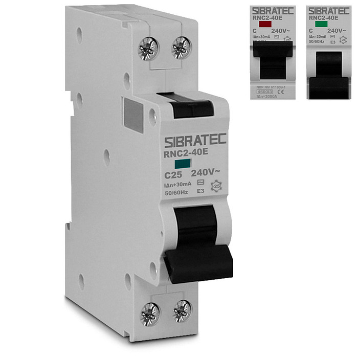 DDR Disjuntor Diferencial Residual 2 Polos 25a 30mA (Mini Disjuntor DIN + DR) - RNC2-40E-25